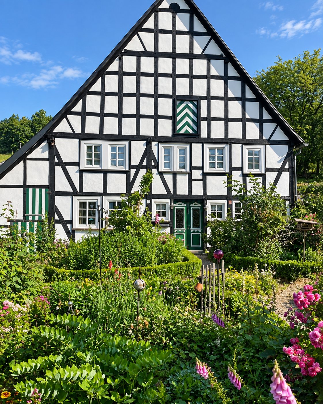 Originalaufnahme einer Referenz von Manfred Berglar, Malermeister: saniertes Fachwerkhaus mit schwarz-weißer Fassade, grüner Tür und Bauerngarten