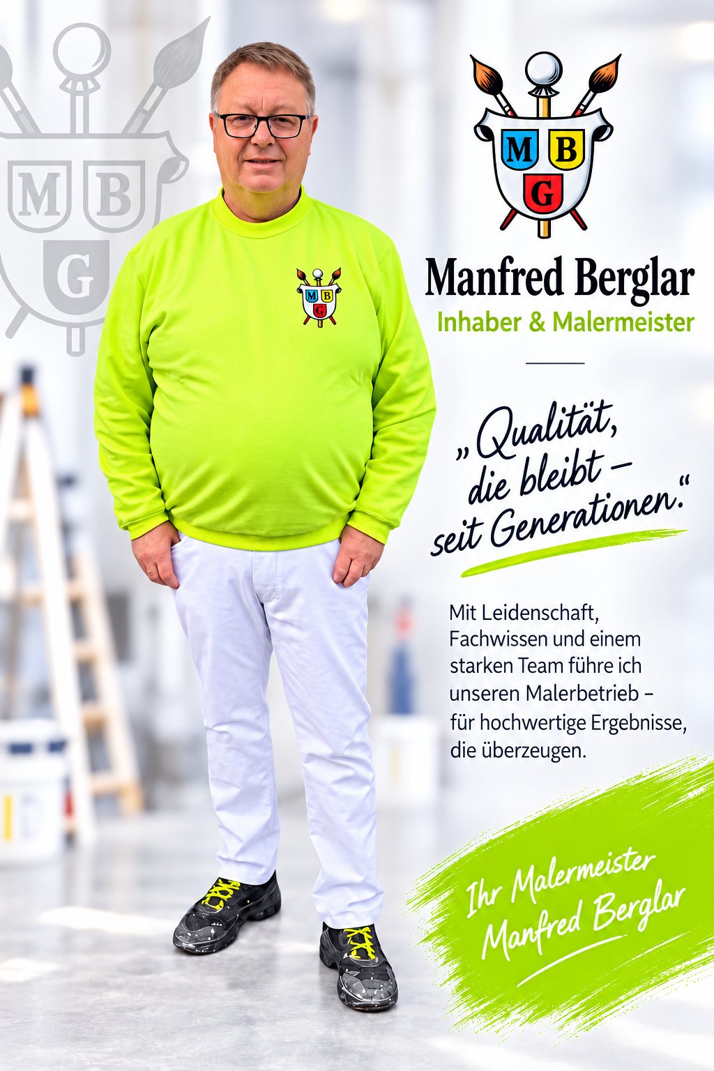 Manfred Berglar, Malermeister und Inhaber – Porträt mit Firmenwappen und dem Leitsatz „Qualität, die bleibt – seit Generationen“