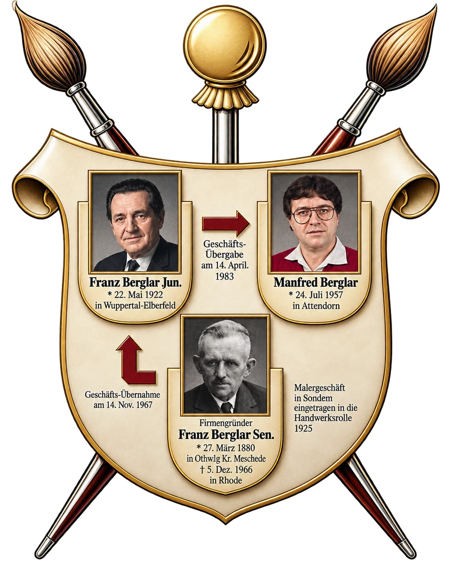 Traditionswappen der Familie Berglar – Firmengründer Franz Berglar Sen. (Handwerksrolle 1925), Franz Berglar Jun. (Übernahme 1967) und Manfred Berglar (Übergabe 1983)